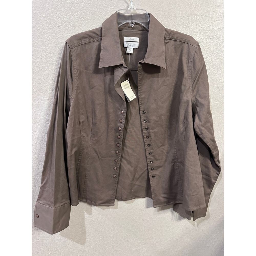 Christopher & Banks Button Front Stretch Top XL Brown Long Sleeve
